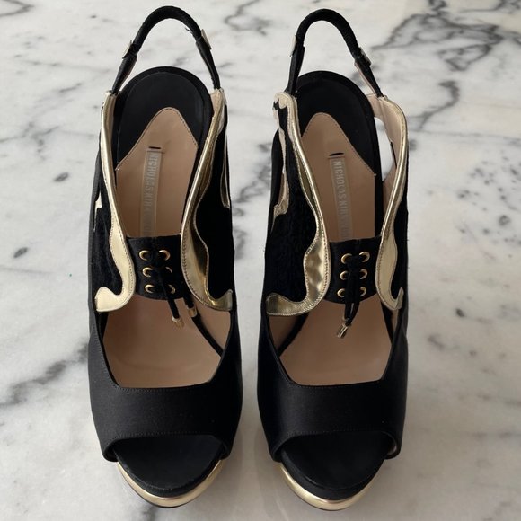 Nicholas Kirkwood Satin, Leather and Velvet Slingback Platform Sandals - Picture 3 of 12